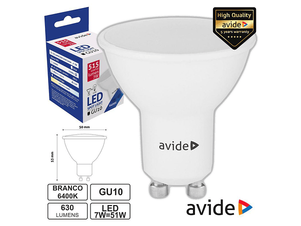 LÂMPADA LED GU10 SPOT 7W 230V 6400K 515LM AVIDE 1