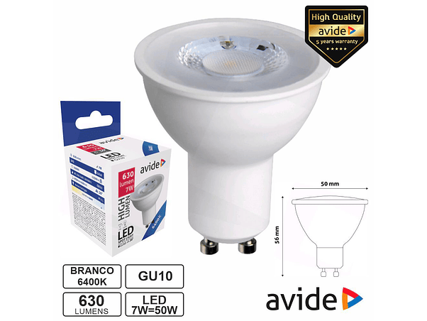 LÂMPADA LED GU10 SPOT 36º 7W 230V 6400K 630LM AVIDE 1
