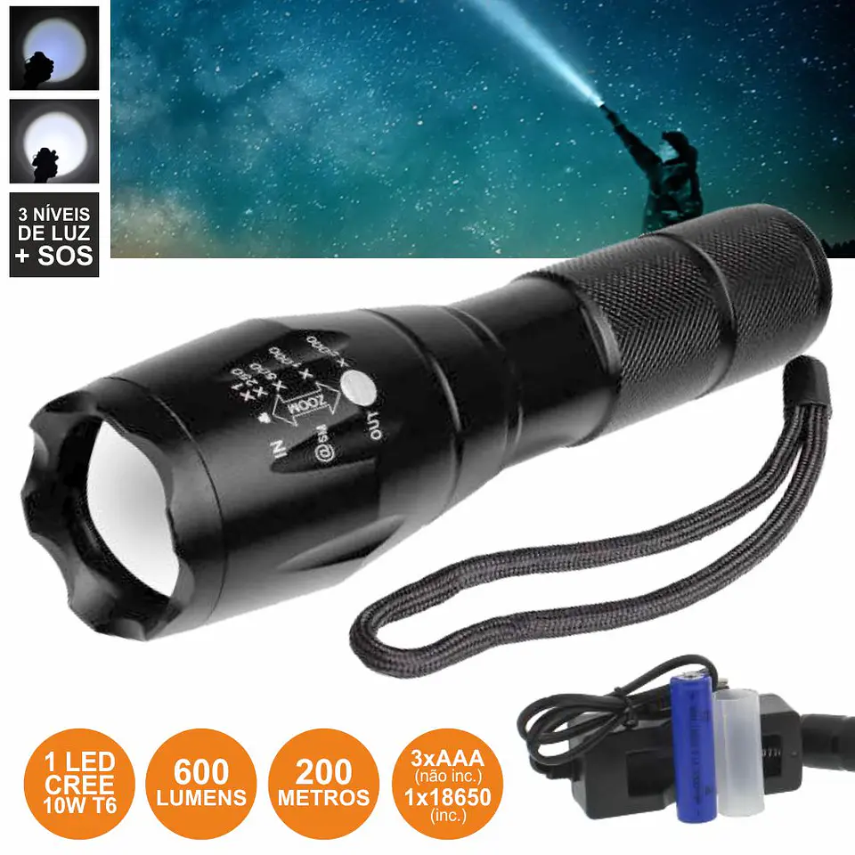 LANTERNA COM 1 LED XPE 10W 5 NÍVEIS LUZ ZOOM 600LM WELL 1