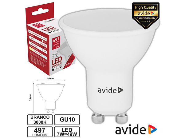 LÂMPADA LED GU10 SPOT 7W 230V 3000K 497LM AVIDE 1
