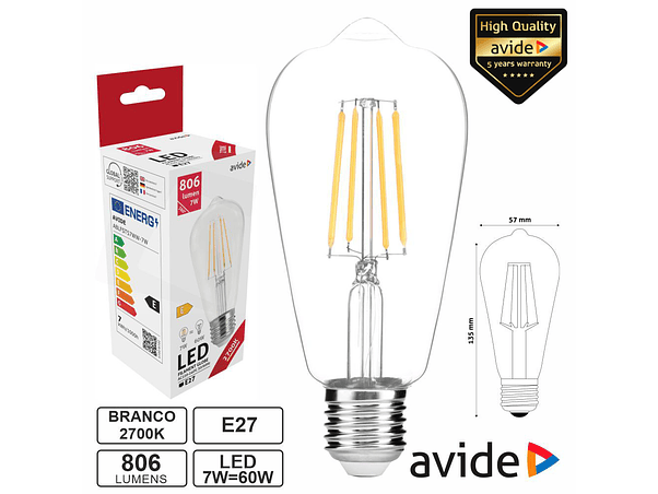 LÂMPADA LED E27 ST57 FILAMENTO 7W 230V 2700K 806LM AVIDE 1