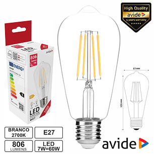 LÂMPADA LED E27 ST57 FILAMENTO 7W 230V 2700K 806LM AVIDE