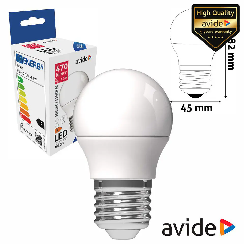 LÂMPADA LED E27 GLOBO G45 4.5W 230V 6400K 470LM AVIDE 1