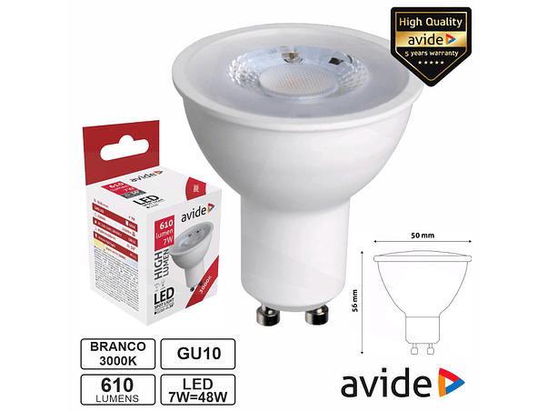 LÂMPADA LED GU10 SPOT 36º 7W 230V 3000K 610LM AVIDE 1