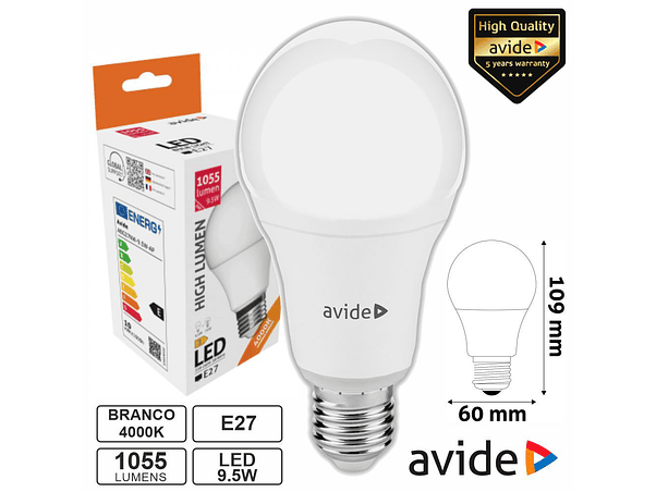 LÂMPADA LED E27 GLOBO A60 9.5W 230V 4000K 1055LM AVIDE 1