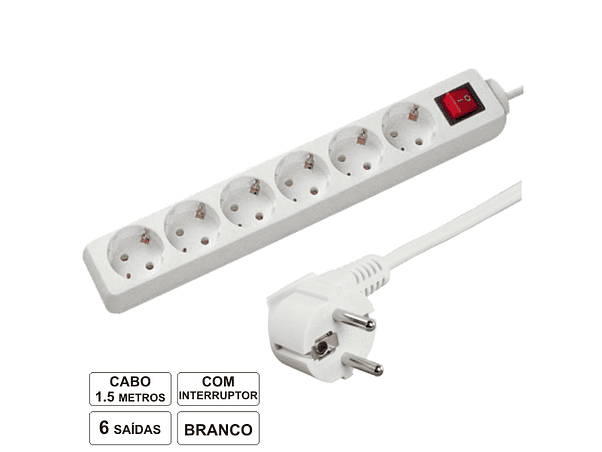 TOMADA ELÉTRICA COM 6 SAÍDAS INTERRUPTOR 1.5M 1