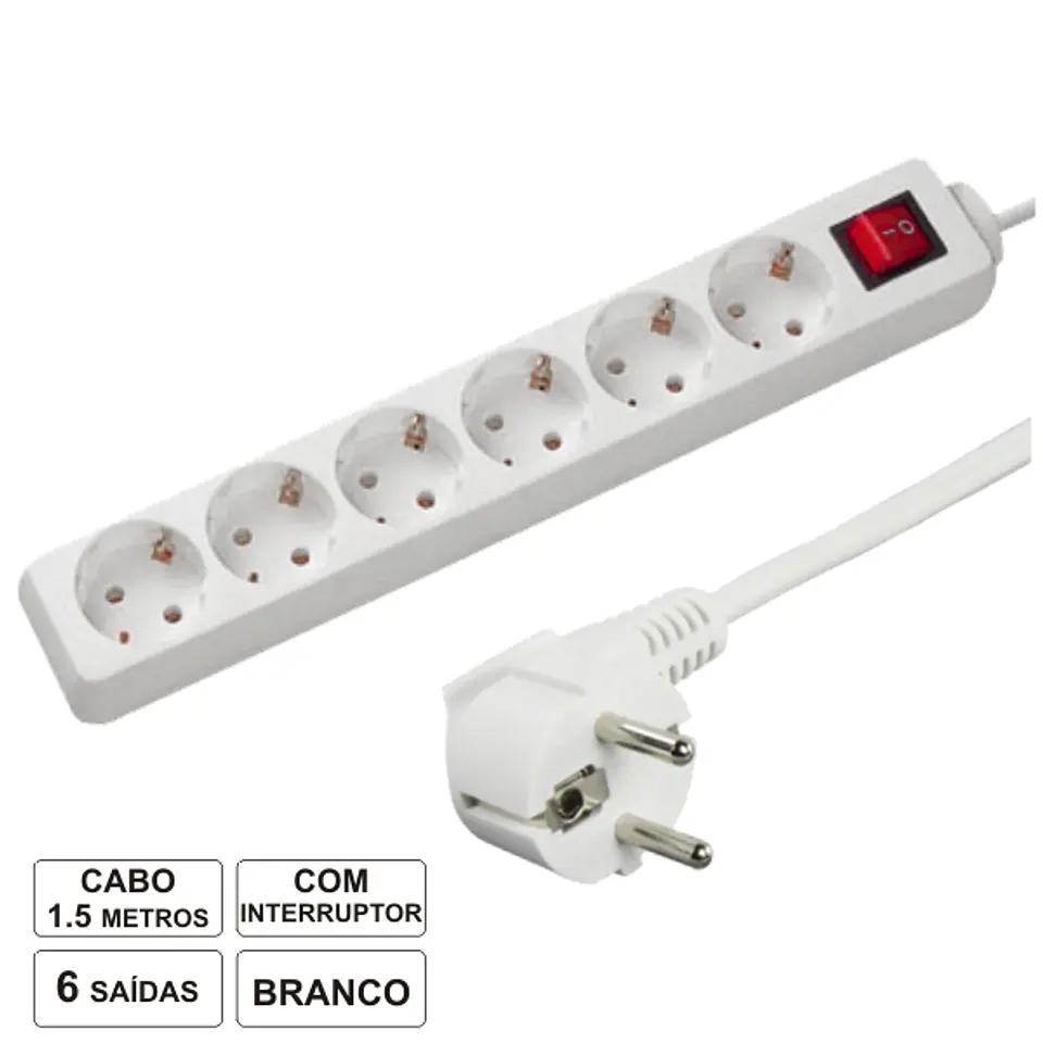 TOMADA ELÉTRICA COM 6 SAÍDAS INTERRUPTOR 1.5M 1