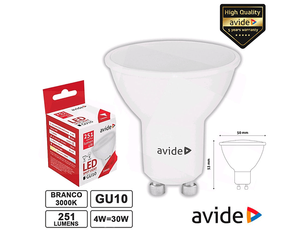 LÂMPADA LED GU10 SPOT 4W 230V 3000K 251LM AVIDE 1