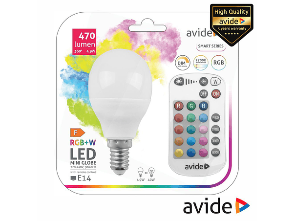 LÂMPADA E14 DIMÁVEL 4.9W LED MINIGLOBO RGBW IR 470LM AVIDE 1