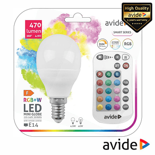LÂMPADA E14 DIMÁVEL 4.9W LED MINIGLOBO RGBW IR 470LM AVIDE