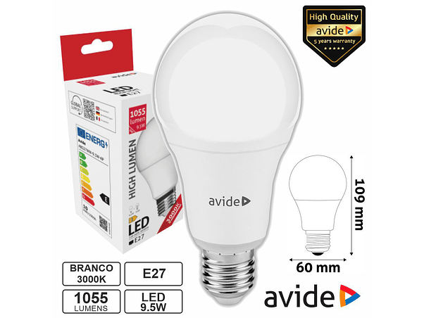 LÂMPADA LED E27 GLOBO A60 9.5W 230V 3000K 1055LM AVIDE 1