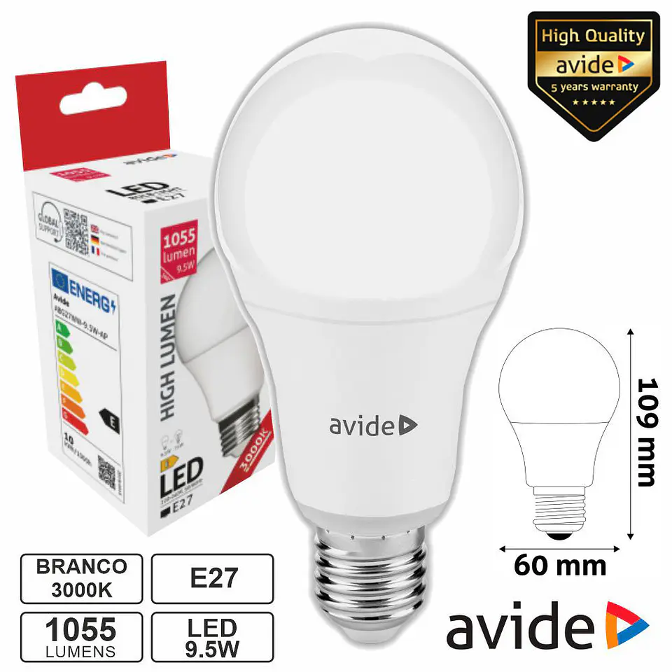LÂMPADA LED E27 GLOBO A60 9.5W 230V 3000K 1055LM AVIDE 1