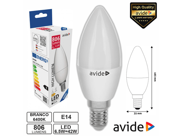 LÂMPADA LED E14 VELA 6.5W 230V 6400K 806LM AVIDE 1