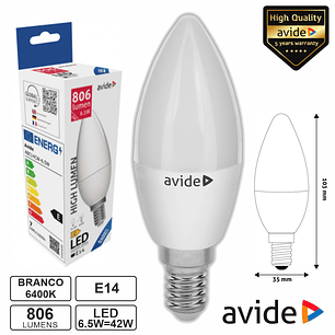LÂMPADA LED E14 VELA 6.5W 230V 6400K 806LM AVIDE