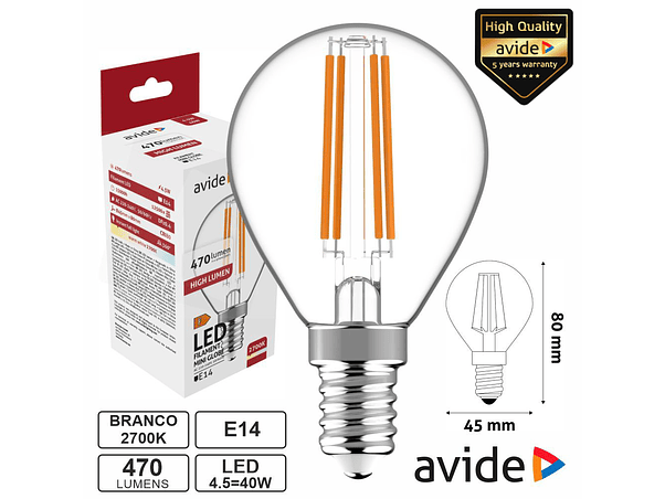 LÂMPADA LED E14 GLOBO FILAMENTO 4.5W 230V 2700K 470LM AVIDE 1