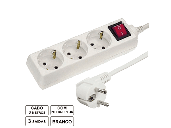TOMADA ELÉTRICA COM 3 SAÍDAS INTERRUPTOR 3M 1