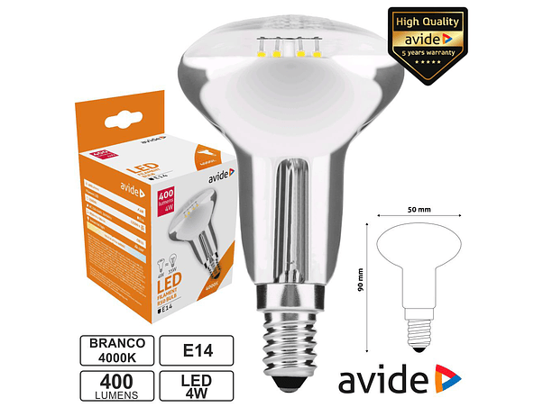 LÂMPADA LED E14 R50 FILAMENTO 4W 230V 4000K 400LM AVIDE 1