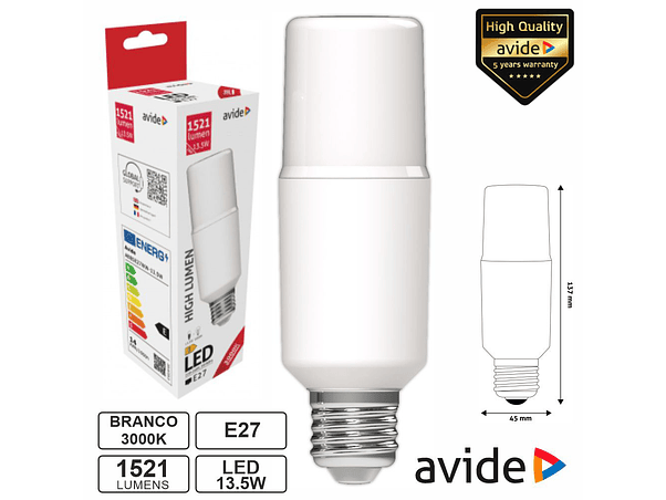 LÂMPADA LED E27 STICK T45 13.5W 230V 3000K 1521LM AVIDE 1