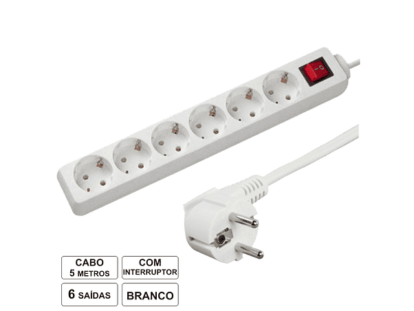 TOMADA ELÉTRICA COM 6 SAÍDAS INTERRUPTOR 5M 1