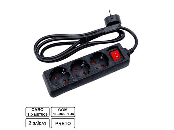 TOMADA ELÉTRICA COM 3 SAÍDAS INTERRUPTOR 1.5M PRETO 1