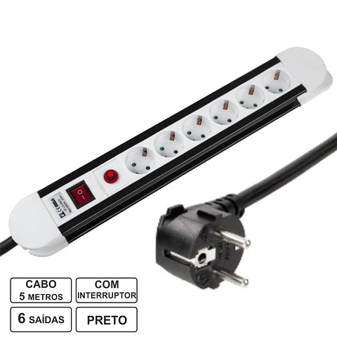 TOMADA ELÉTRICA COM 6 SAÍDAS INTERRUPTOR 5M PRETO