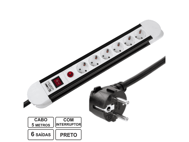 TOMADA ELÉTRICA COM 6 SAÍDAS INTERRUPTOR 5M PRETO 1
