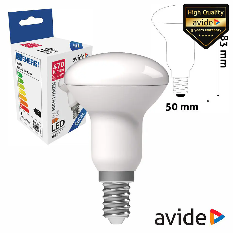 LÂMPADA LED E14 R50 4.9W 230V 6400K 470LM AVIDE 1