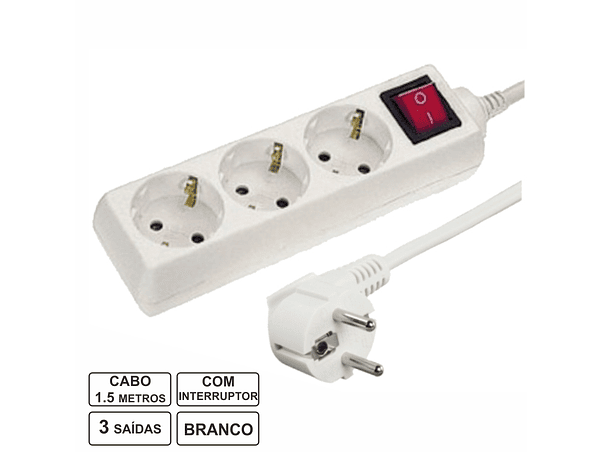 TOMADA ELÉTRICA COM 3 SAÍDAS INTERRUPTOR 1.5M BRANCO 1