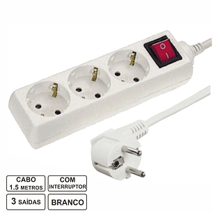TOMADA ELÉTRICA COM 3 SAÍDAS INTERRUPTOR 1.5M BRANCO