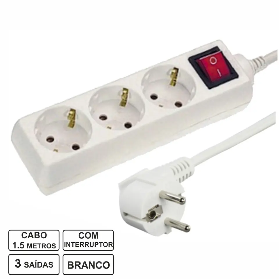 TOMADA ELÉTRICA COM 3 SAÍDAS INTERRUPTOR 1.5M BRANCO 1