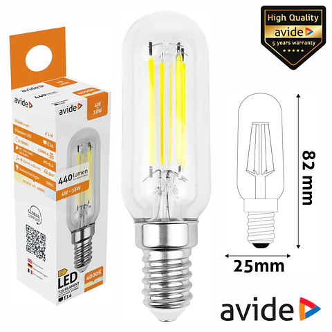 LÂMPADA LED E14 T25 FILAMENTO 4W 230V 4000K 440LM AVIDE