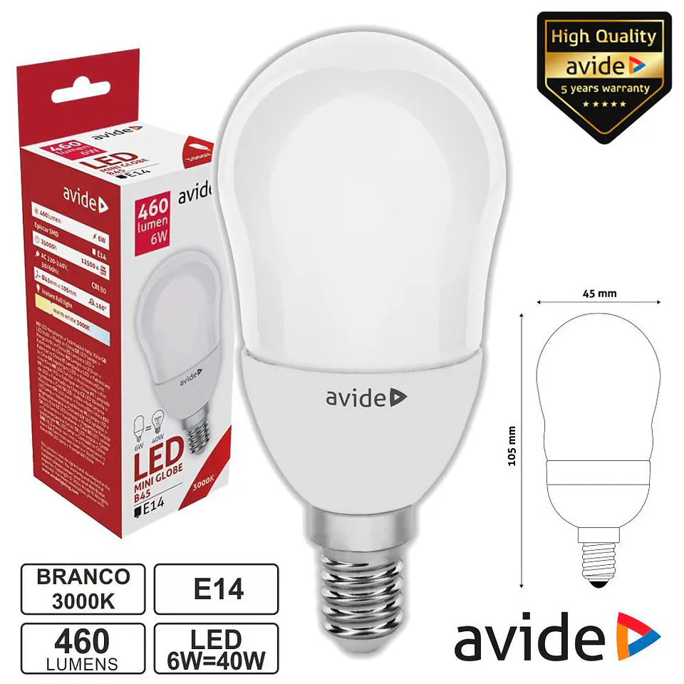 LÂMPADA LED E14 GLOBO B45 6W 230V 3000K 460LM AVIDE 1