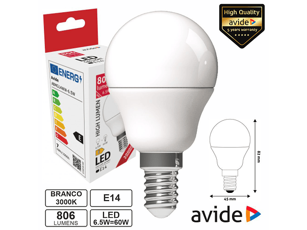 LÂMPADA LED E14 GLOBO G45 6.5W 230V 3000K 806LM AVIDE 1