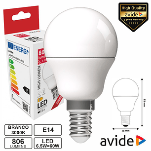 LÂMPADA LED E14 GLOBO G45 6.5W 230V 3000K 806LM AVIDE