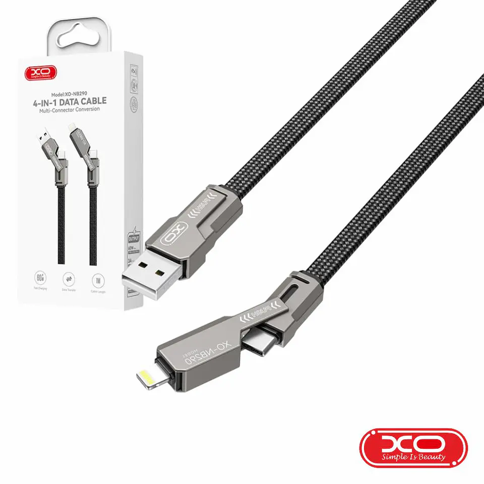 CABO USB-A MACHO 4 EM 1 PARA USB-C E LIGHTNING PD 60W 1M XO 1