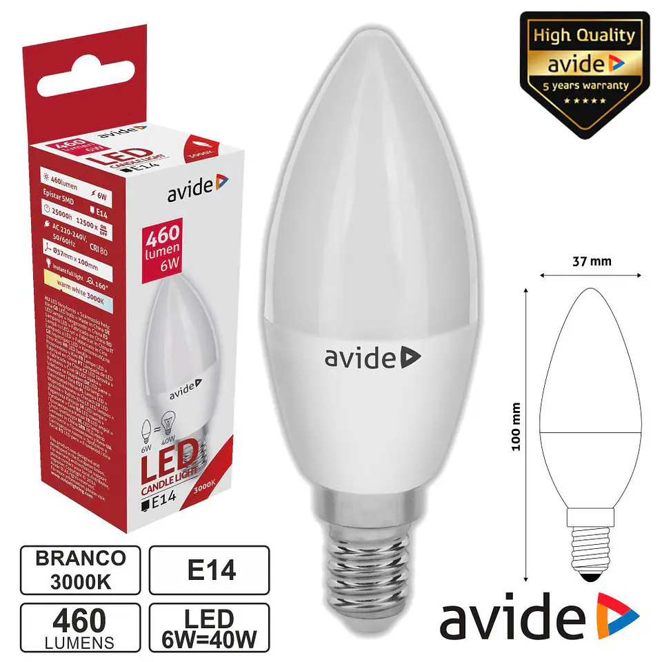 LÂMPADA LED E14 VELA 6W 230V 3000K 460LM AVIDE 1