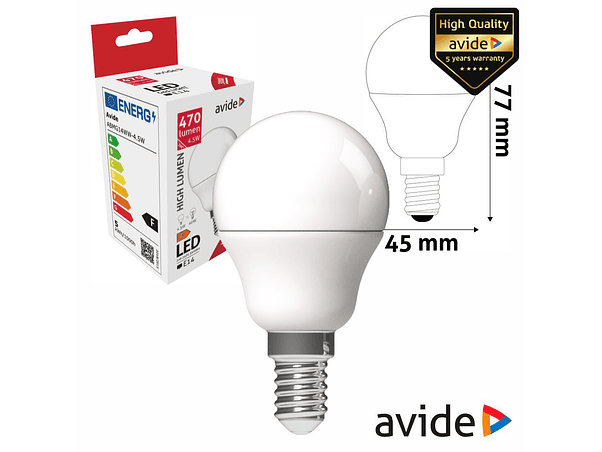 LÂMPADA LED E14 GLOBO G45 4.5W 230V 3000K 470LM AVIDE 1