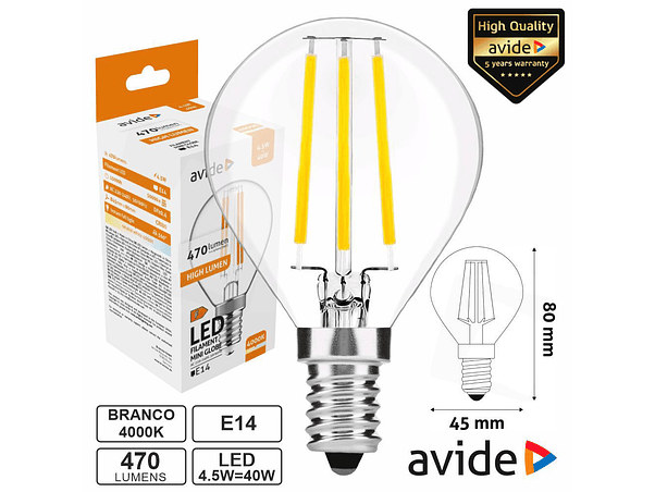 LÂMPADA LED E14 GLOBO FILAMENTO 4.5W 230V 4000K 470LM AVIDE 1