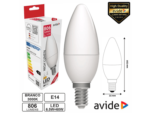 LÂMPADA LED E14 VELA 6.5W 230V 3000K 806LM AVIDE 1