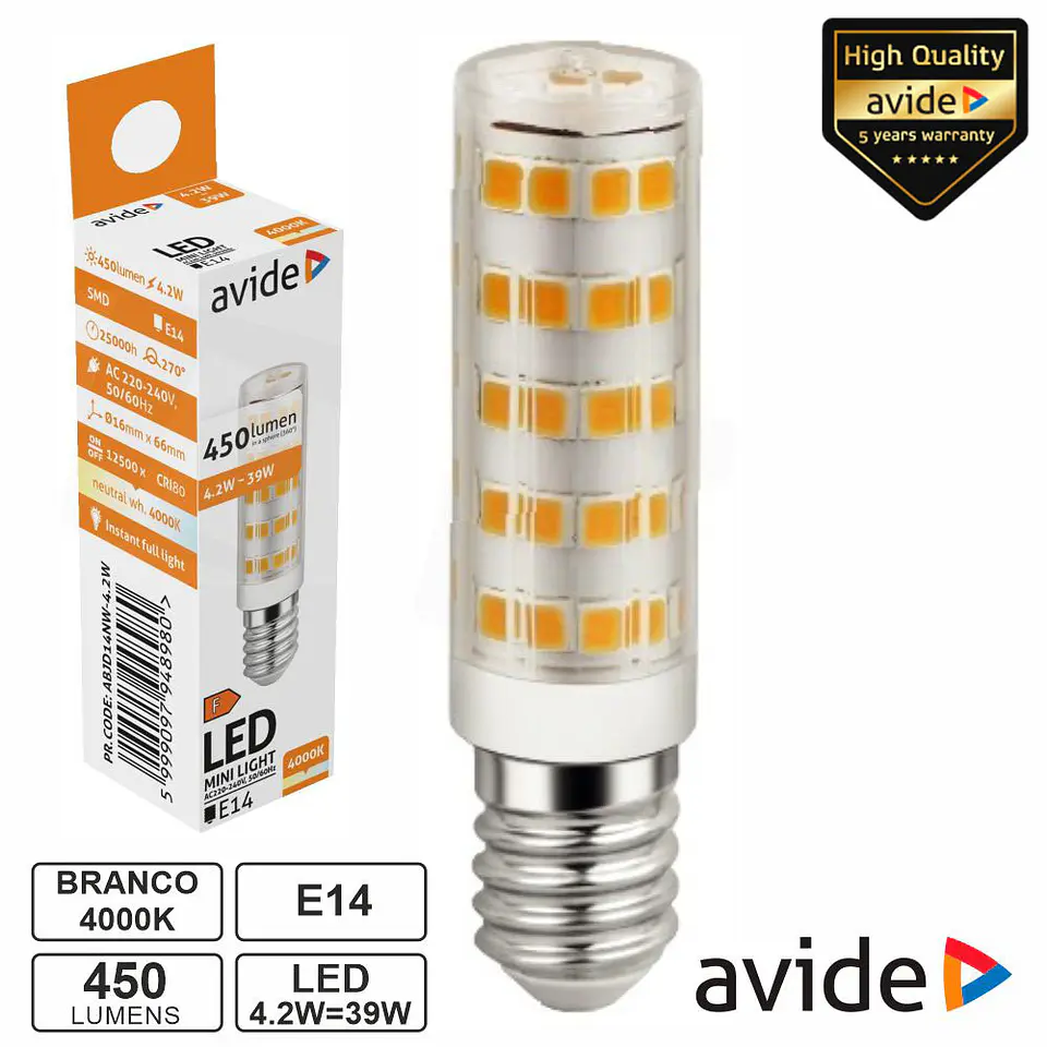 LÂMPADA LED E14 JD 4.2W 230V 4000K 450LM AVIDE 1