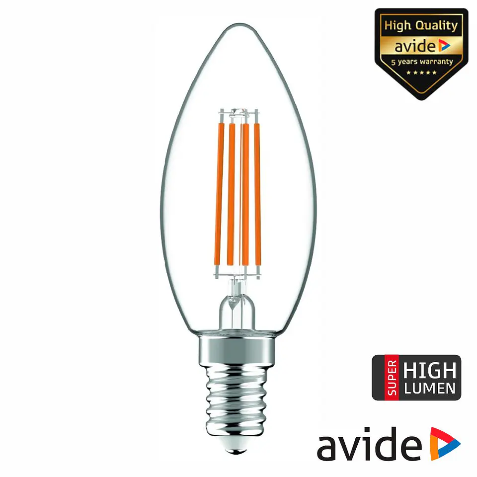 LÂMPADA LED E14 VELA FILAMENTO 4.9W 230V 3000K 806LM AVIDE 1