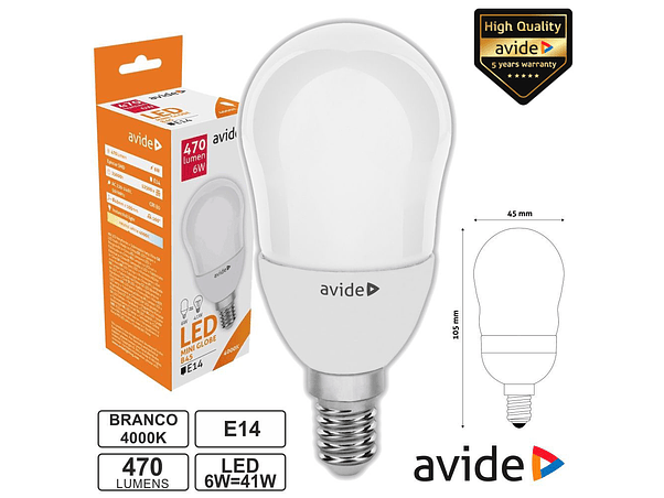 LÂMPADA LED E14 GLOBO B45 6W 230V 4000K 470LM AVIDE 1