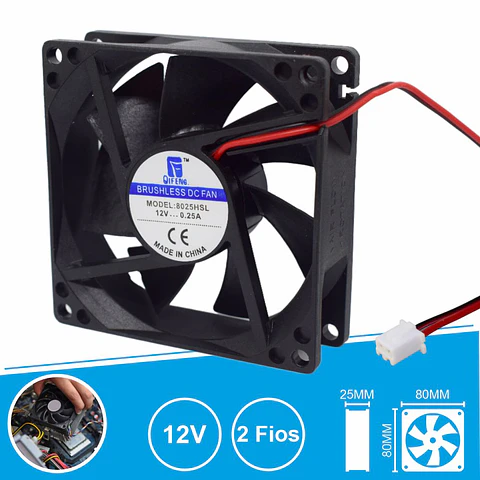 Ventoinha 12V 80x80x25mm 2 Fios