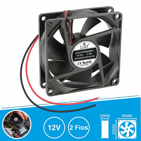 Ventoinha 12V 80x80x25mm 2 Fios KLD012PP080CBWH LUFT
