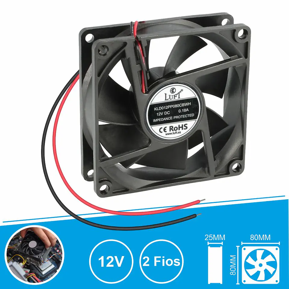 Ventoinha 12V 80x80x25mm 2 Fios KLD012PP080CBWH LUFT 1