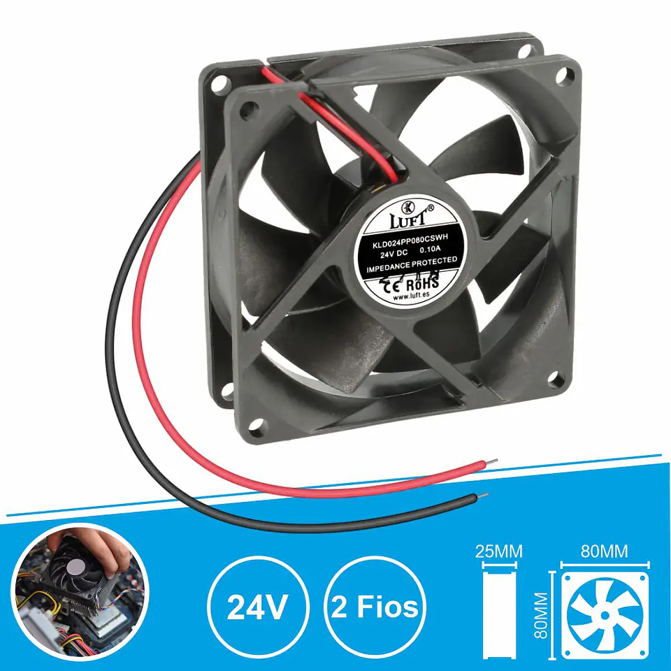 Ventoinha 24V 80x80x25mm 2 Fios KLD024PP080CSWH LUFT 1