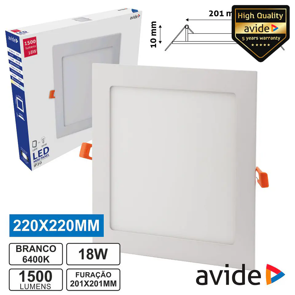 PAINEL LEDS QUADRADO 18W 220MM 6400K 1500LM AVIDE 1