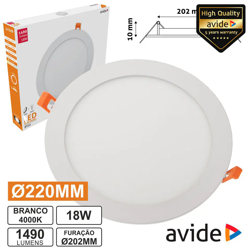 PAINEL LEDS REDONDO 18W 220MM 4000K 1490LM AVIDE 1