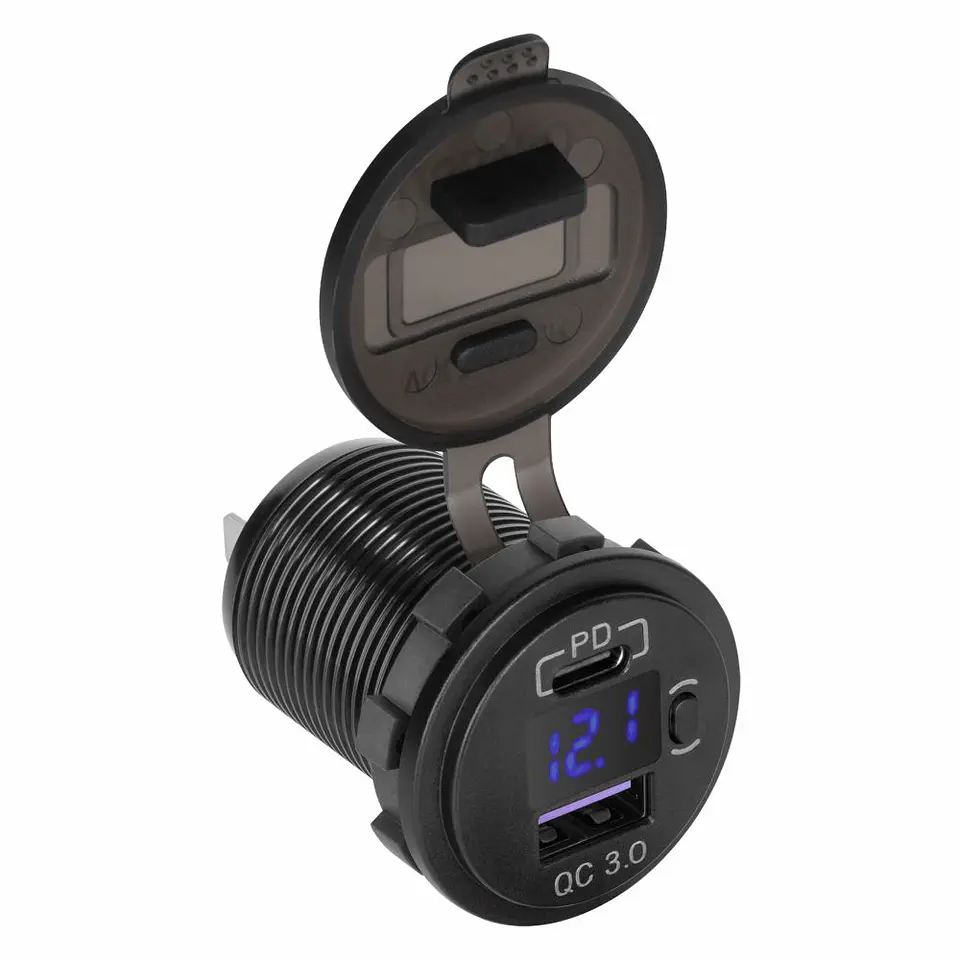 Tomada Dupla USB-A / USB-C de Embutir COM Voltímetro QC3.0 1