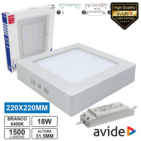PAINEL LEDS QUADRADO SUPERFÍCIE 18W 220MM 6400K 960LM AVIDE